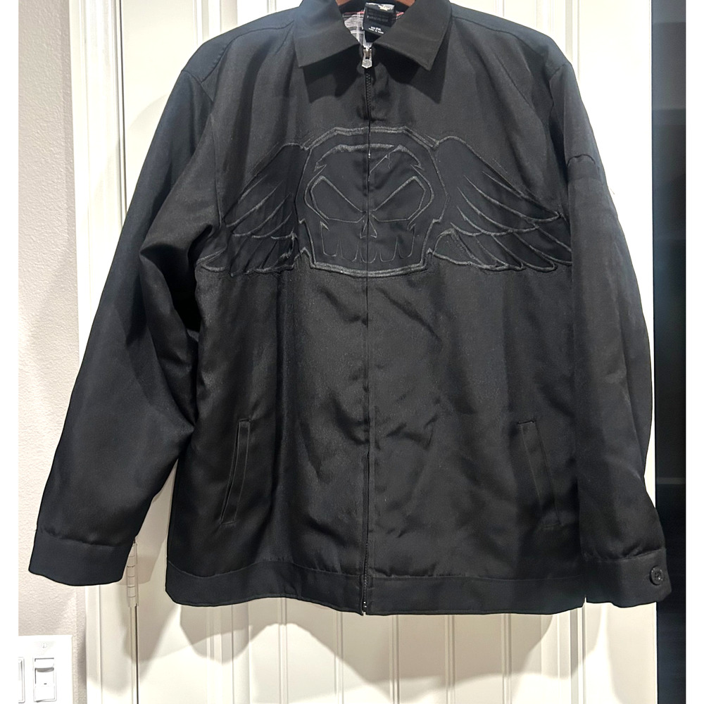 Vintage NO FEAR Jacket Skull Design Y2K Workwear Black Zip-Up Mens Sz 2XL.